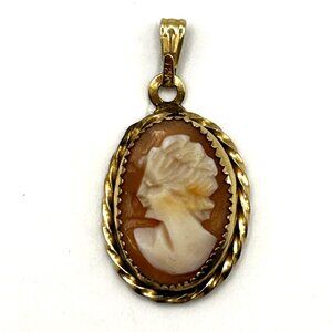 Vintage 1/20 12K GF Left Facing Cameo Pendant Oval Shell Gold Filled Rope Frame